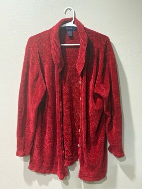Denim and thick red cardigan